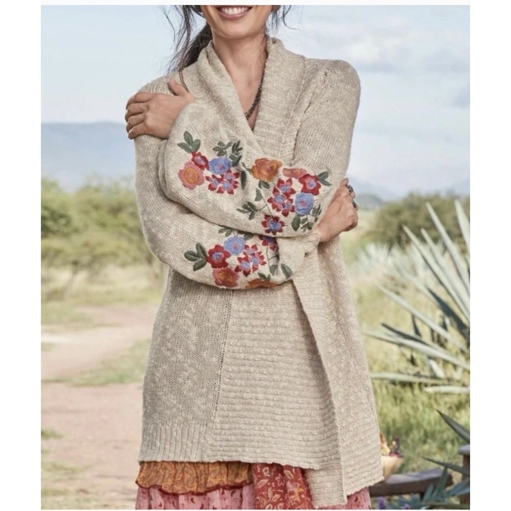 NWT Sundance Womens XL  Marled Knit Floral Embroidered Open Front Cardigan